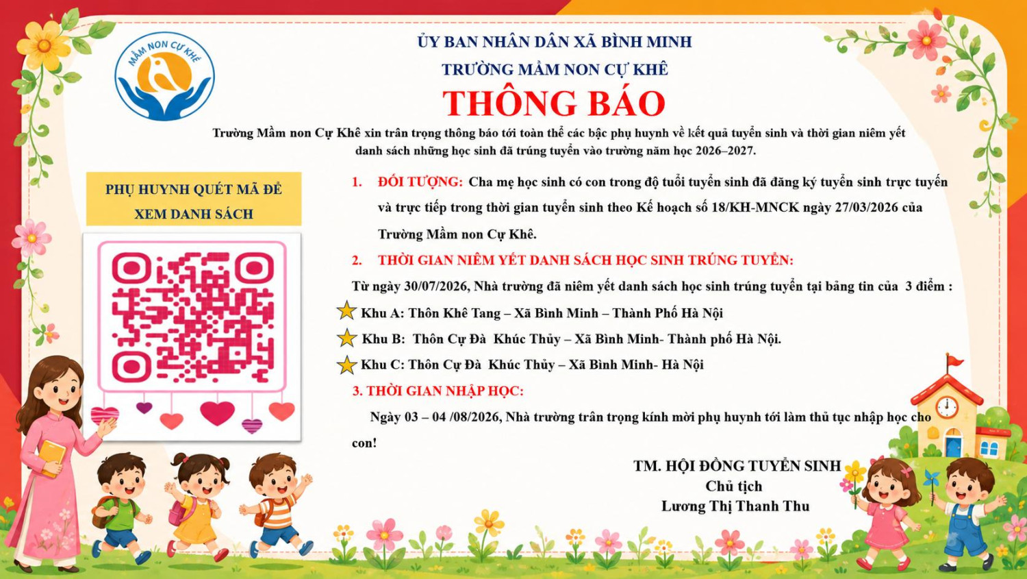 TRƯỜNG MẦM NON CỰ KHÊ THÔNG BÁO KẾT QUẢ TUYỂN SINH NĂM HỌC 2026 - 2027