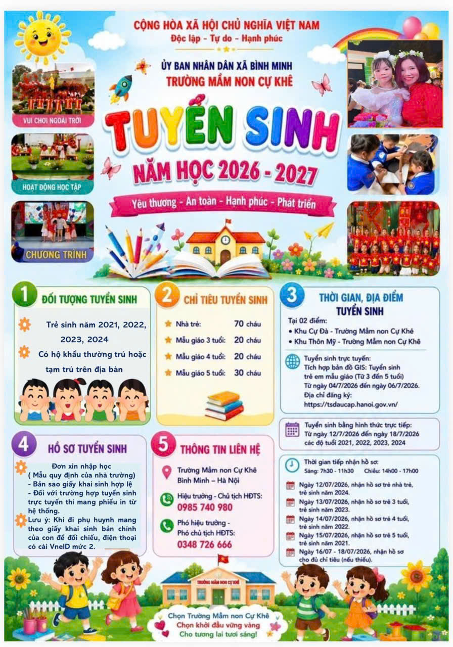 Trường Mầm non Cự Khê kính gửi các bậc phụ huynh thông báo tuyển sinh của nhà trường năm học 2026-2027